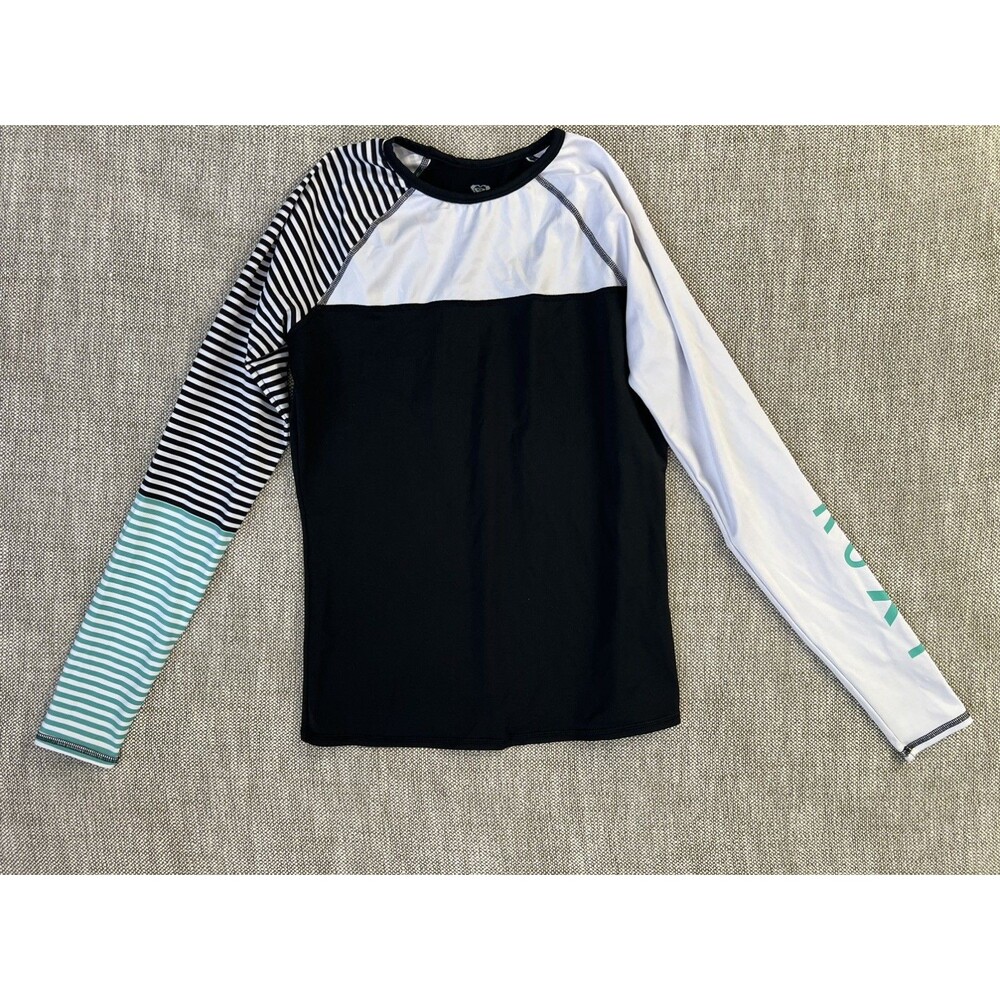 Roxy Women’s Long Sleeve Rash Guard Black White Stripe Swim Surf Top Size Large